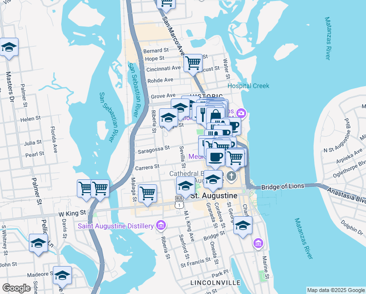 map of restaurants, bars, coffee shops, grocery stores, and more near 23 Saragossa Street in St. Augustine