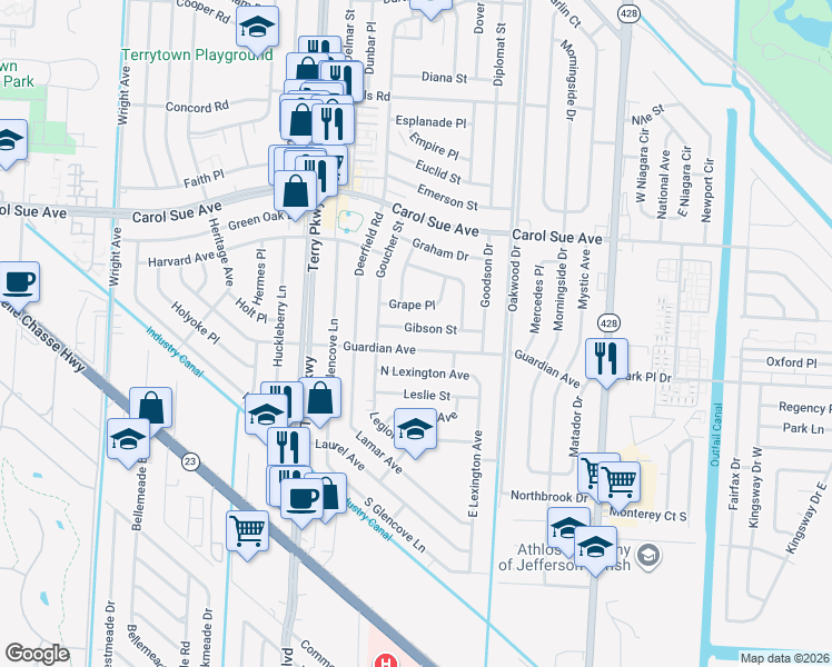 map of restaurants, bars, coffee shops, grocery stores, and more near 2120 Grape Place in Terrytown