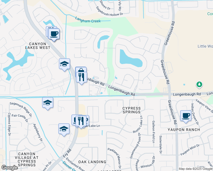 map of restaurants, bars, coffee shops, grocery stores, and more near Longenbaugh Road in Cypress