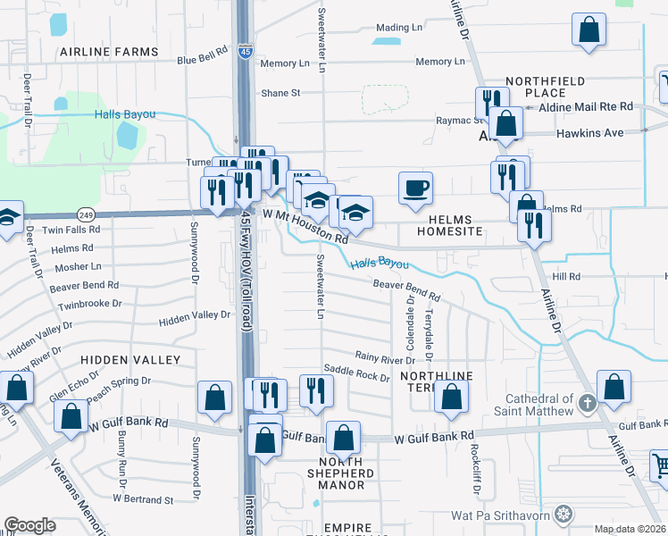 map of restaurants, bars, coffee shops, grocery stores, and more near 411 West Mount Houston Road in Houston