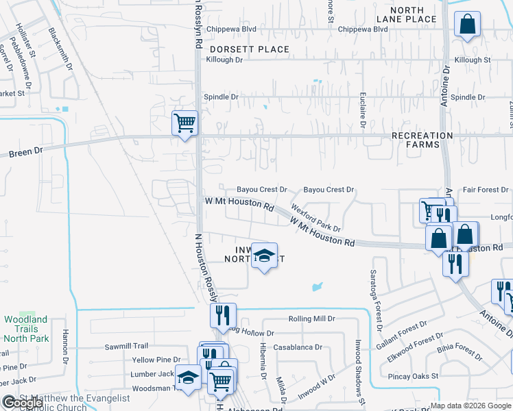 map of restaurants, bars, coffee shops, grocery stores, and more near 9010 Ruston Oaks Court in Houston