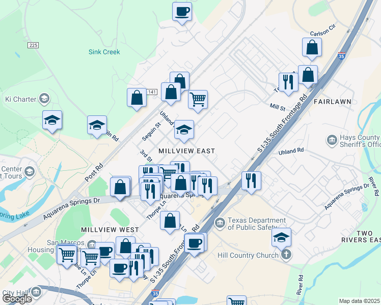 map of restaurants, bars, coffee shops, grocery stores, and more near 501 Uhland Road in San Marcos