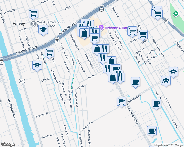 map of restaurants, bars, coffee shops, grocery stores, and more near 1140 Sandalwood Drive in Harvey