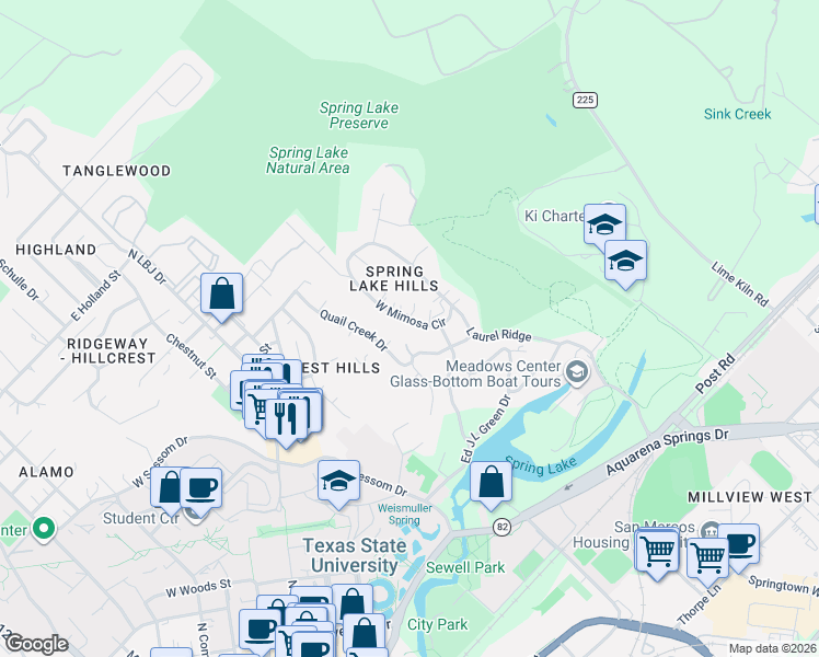 map of restaurants, bars, coffee shops, grocery stores, and more near 106a West Mimosa Circle in San Marcos