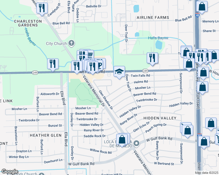 map of restaurants, bars, coffee shops, grocery stores, and more near 1310 Rim Rock Drive in Houston