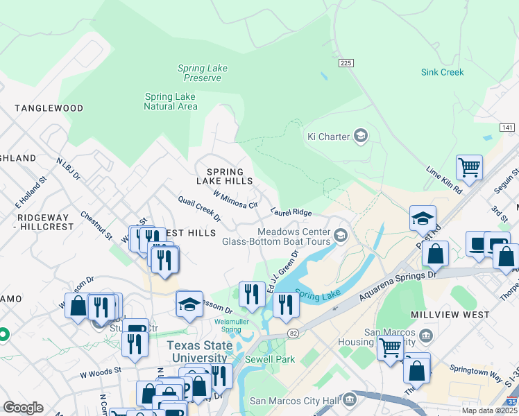 map of restaurants, bars, coffee shops, grocery stores, and more near 100 East Mimosa Circle in San Marcos