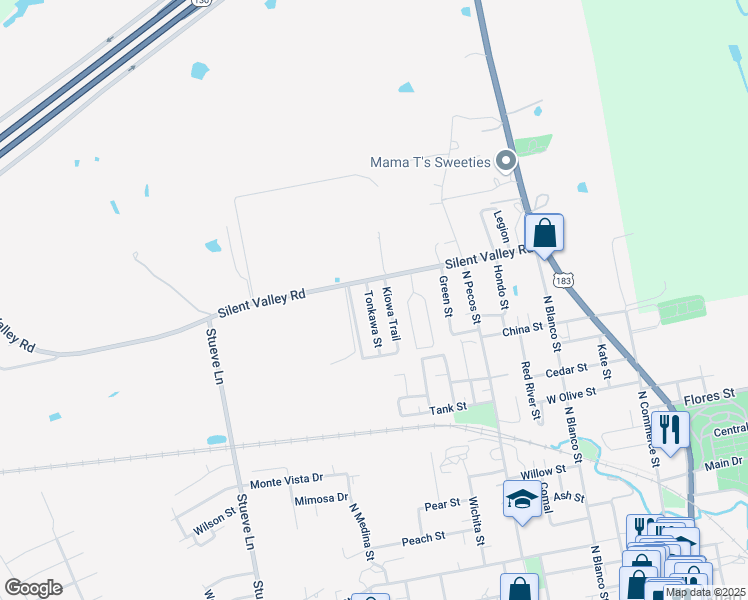 map of restaurants, bars, coffee shops, grocery stores, and more near 137 Tonkawa Street in Lockhart