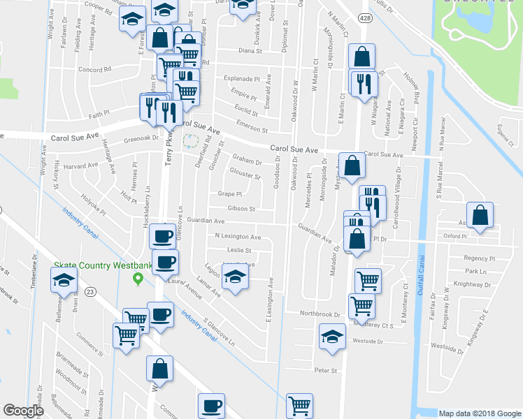map of restaurants, bars, coffee shops, grocery stores, and more near 2161 Glouster Street in Gretna