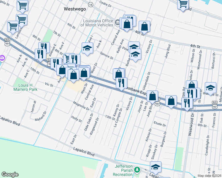 map of restaurants, bars, coffee shops, grocery stores, and more near in Westwego