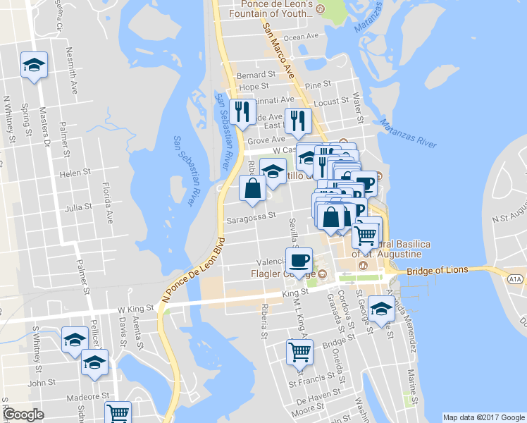 map of restaurants, bars, coffee shops, grocery stores, and more near 67 Orange Street in St. Augustine