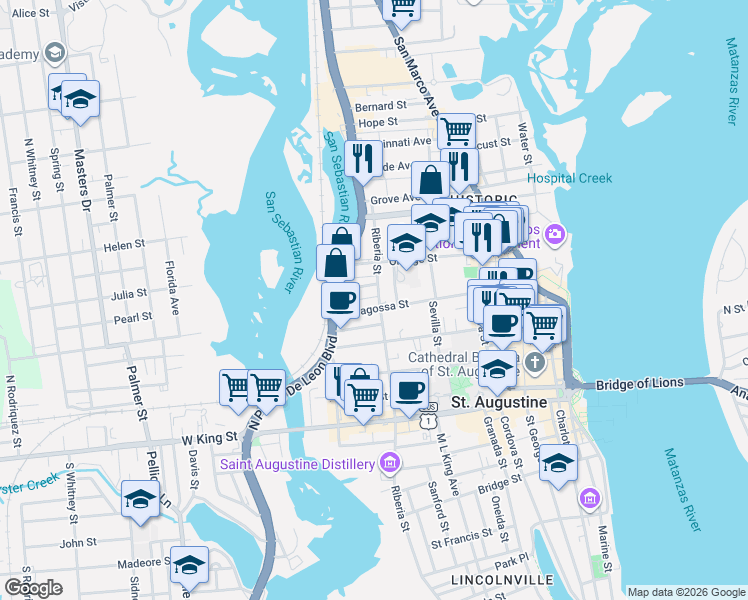 map of restaurants, bars, coffee shops, grocery stores, and more near 14 Riberia Street in St. Augustine