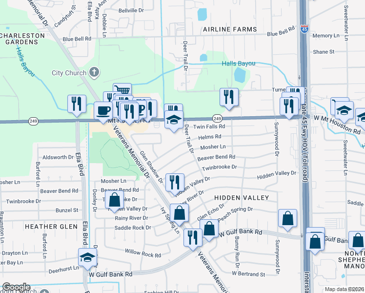 map of restaurants, bars, coffee shops, grocery stores, and more near 1150 Helms Road in Houston