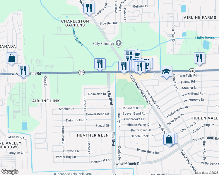 map of restaurants, bars, coffee shops, grocery stores, and more near 9300-9364 Ella Blvd in Houston