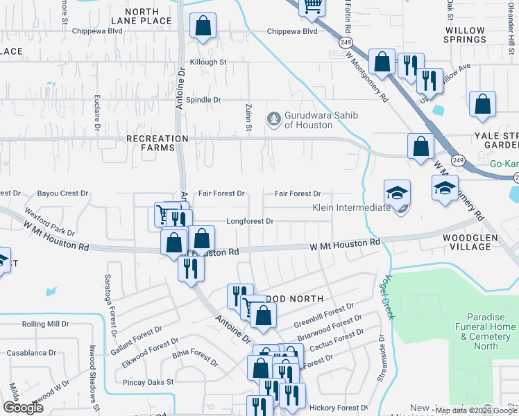 map of restaurants, bars, coffee shops, grocery stores, and more near 5643 Fair Forest Drive in Houston