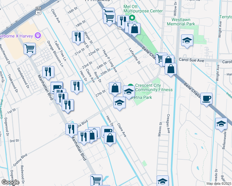 map of restaurants, bars, coffee shops, grocery stores, and more near 901 Gretna Boulevard in Gretna