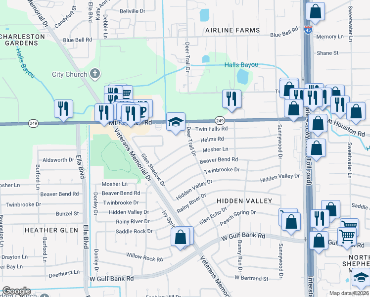 map of restaurants, bars, coffee shops, grocery stores, and more near 1150 Helms Road in Houston