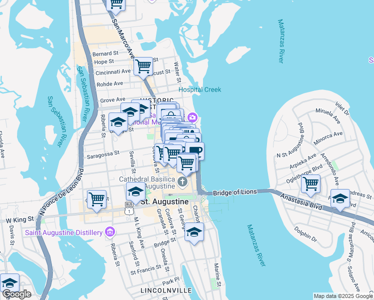 map of restaurants, bars, coffee shops, grocery stores, and more near 12 Cuna Street in St. Augustine