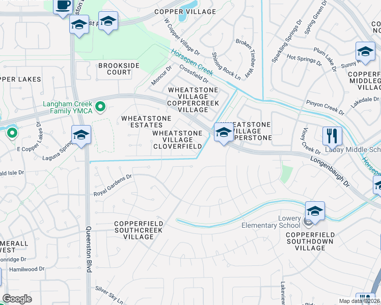map of restaurants, bars, coffee shops, grocery stores, and more near 16310 Leamington Lane in Houston