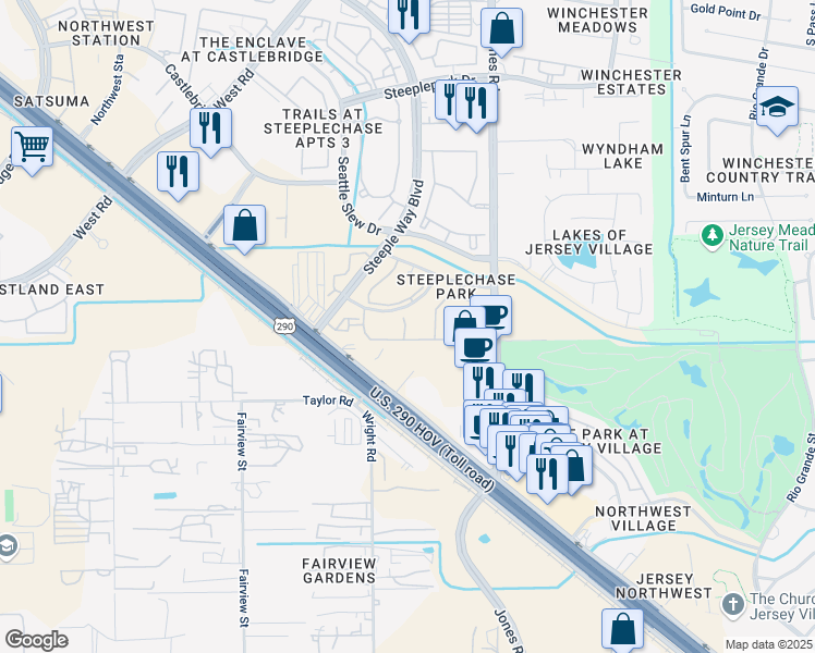 map of restaurants, bars, coffee shops, grocery stores, and more near 11111 Pleasant Colony Drive in Jersey Village