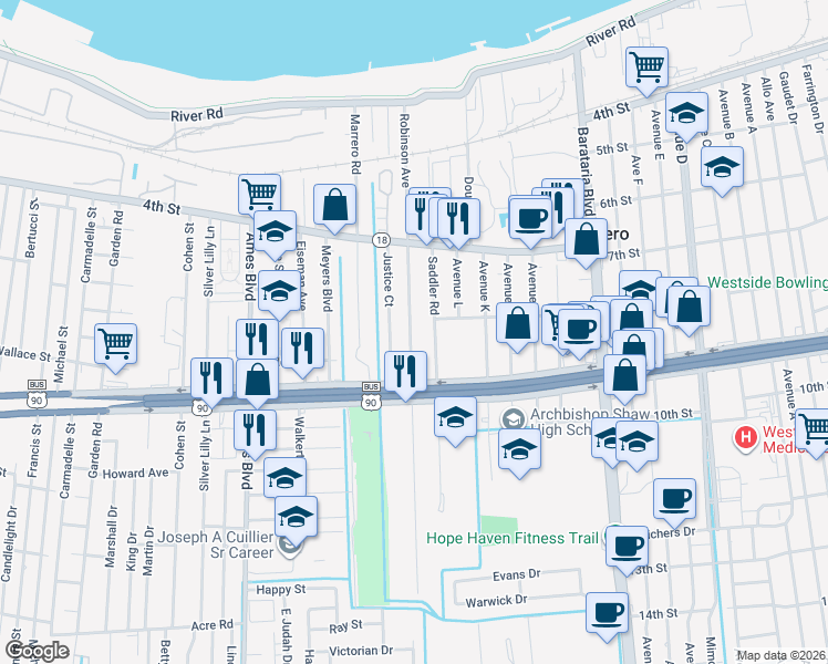 map of restaurants, bars, coffee shops, grocery stores, and more near 200 Robinson Avenue in Marrero