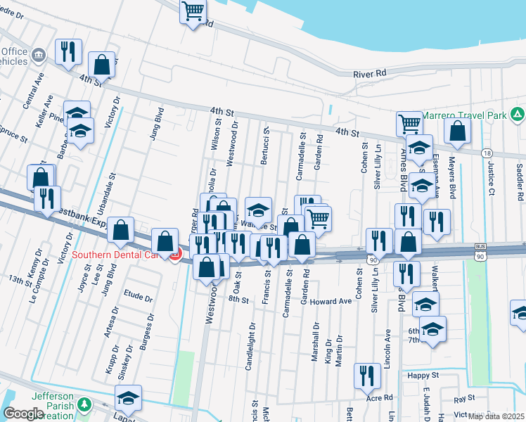 map of restaurants, bars, coffee shops, grocery stores, and more near 565 Oak Street in Marrero