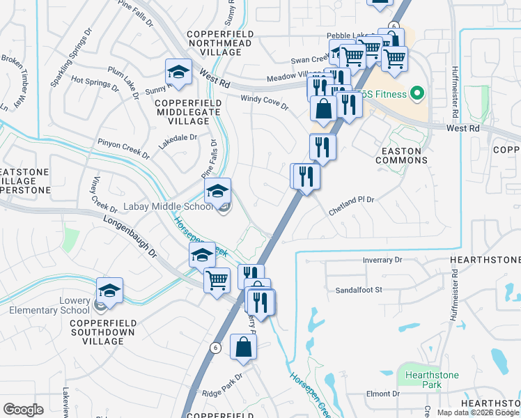 map of restaurants, bars, coffee shops, grocery stores, and more near 8123 Silent Cedars Drive in Houston