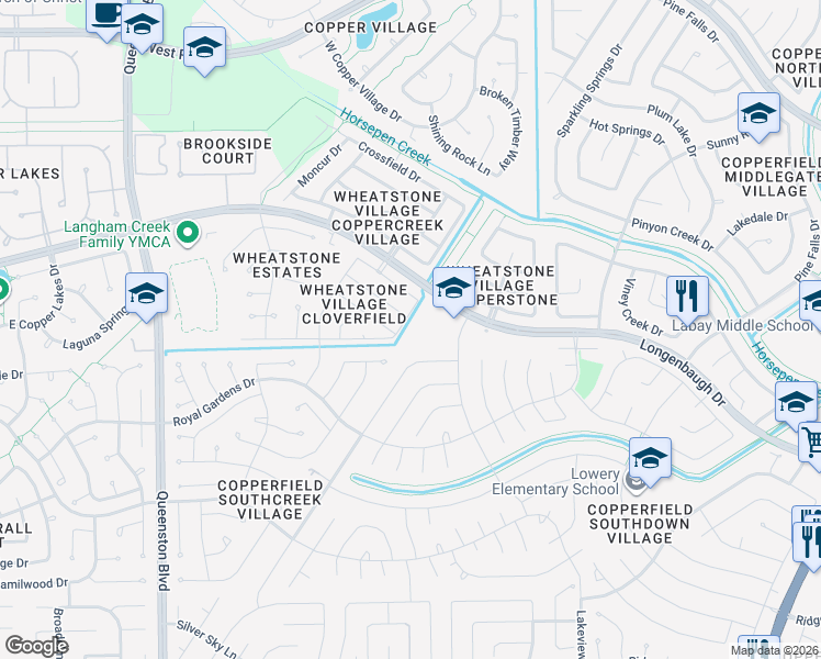 map of restaurants, bars, coffee shops, grocery stores, and more near 16255 Longenbaugh Drive in Houston