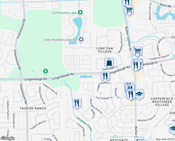 map of restaurants, bars, coffee shops, grocery stores, and more near 18314 Canary Bluff Lane in Cypress