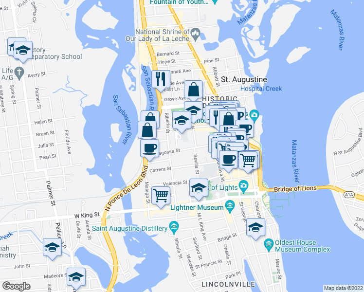 map of restaurants, bars, coffee shops, grocery stores, and more near 38 Saragossa Street in Saint Augustine