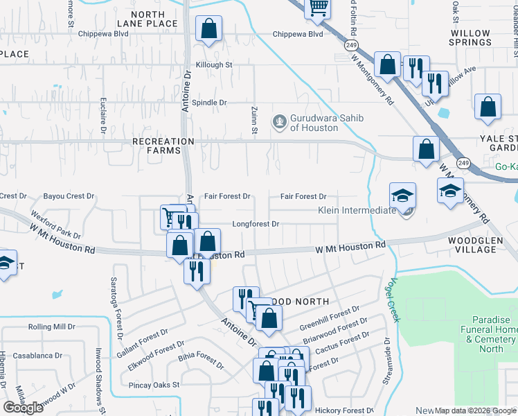 map of restaurants, bars, coffee shops, grocery stores, and more near 5711 Fair Forest Drive in Houston