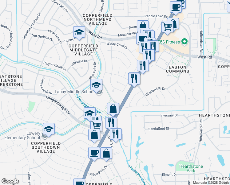 map of restaurants, bars, coffee shops, grocery stores, and more near 8123 Silent Cedars Drive in Houston