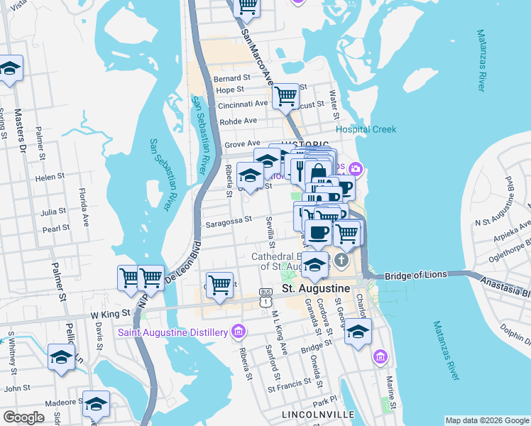 map of restaurants, bars, coffee shops, grocery stores, and more near 17 Sevilla Street in St. Augustine