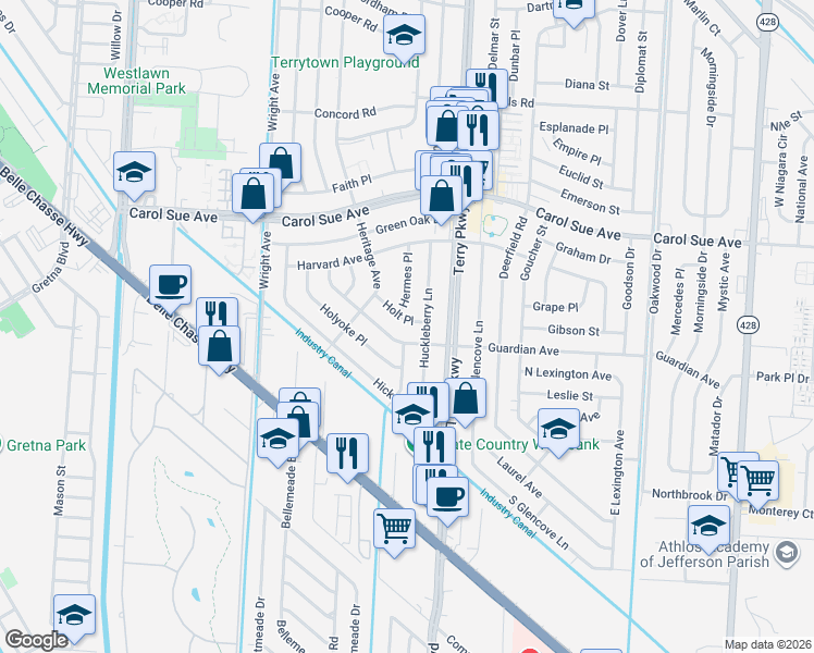 map of restaurants, bars, coffee shops, grocery stores, and more near 816 Holt Place in Terrytown