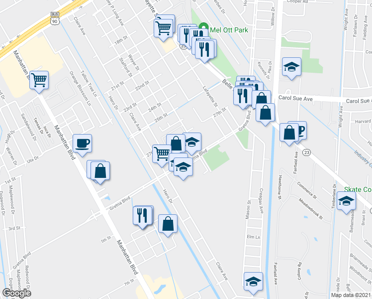 map of restaurants, bars, coffee shops, grocery stores, and more near 90 Gretna Boulevard in Gretna