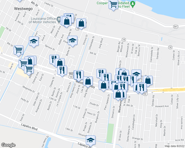map of restaurants, bars, coffee shops, grocery stores, and more near 732 Jung Boulevard in Marrero