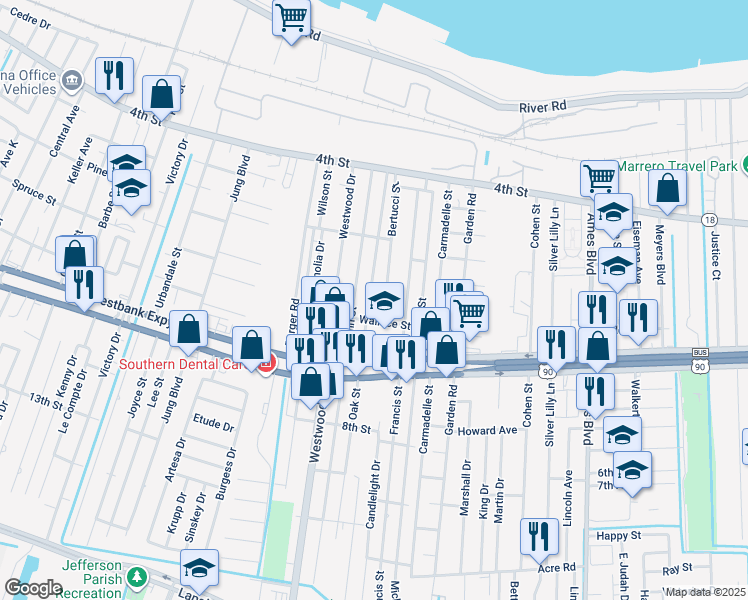 map of restaurants, bars, coffee shops, grocery stores, and more near 565 Oak Street in Marrero