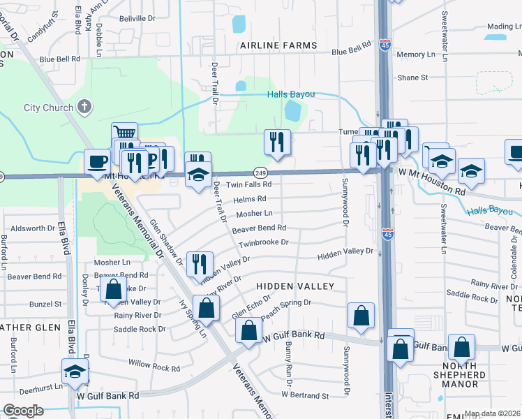 map of restaurants, bars, coffee shops, grocery stores, and more near 1039 Helms Road in Houston
