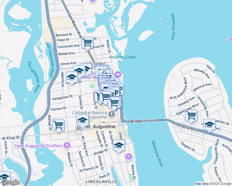 map of restaurants, bars, coffee shops, grocery stores, and more near 12 Cuna Street in St. Augustine