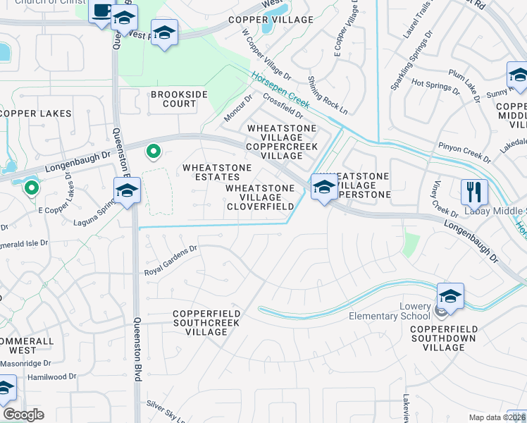 map of restaurants, bars, coffee shops, grocery stores, and more near 7614 Fieldstone Court in Houston