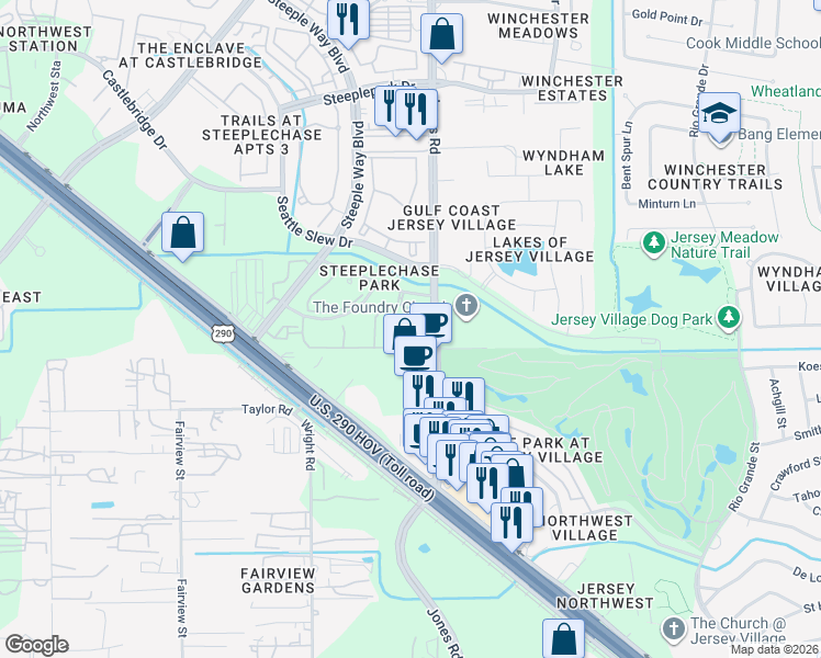 map of restaurants, bars, coffee shops, grocery stores, and more near 11011 Pleasant Colony Drive in Houston
