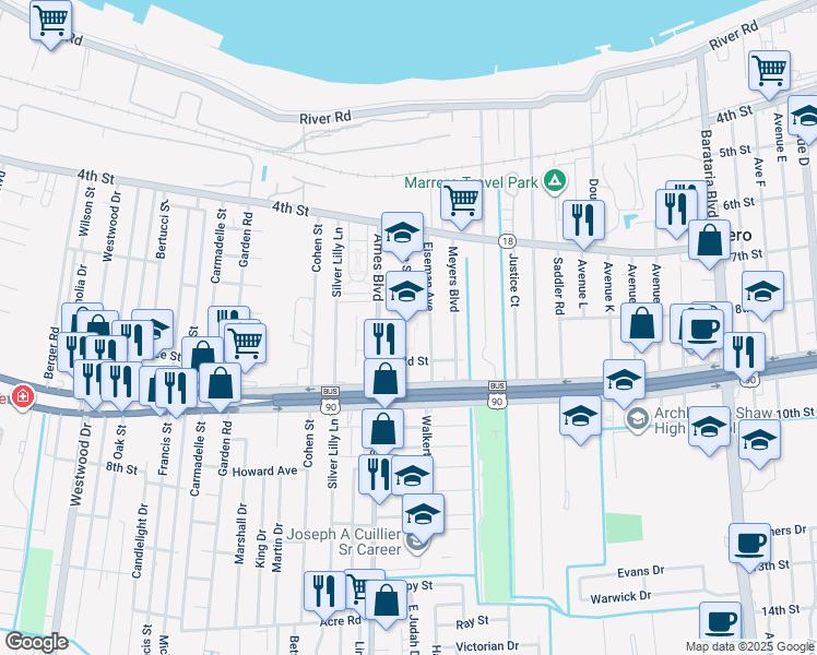 map of restaurants, bars, coffee shops, grocery stores, and more near 500 Pine Street in Marrero