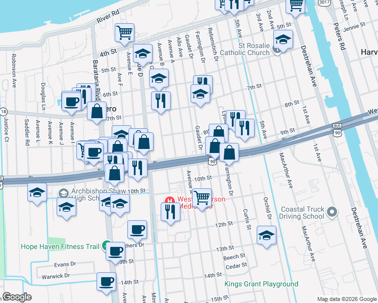 map of restaurants, bars, coffee shops, grocery stores, and more near 825 Avenue A in Marrero