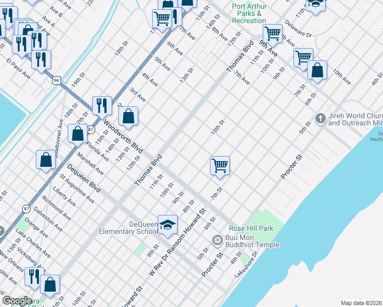 map of restaurants, bars, coffee shops, grocery stores, and more near 3031 10th Street in Port Arthur