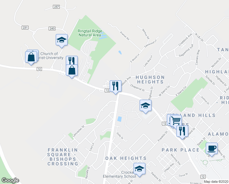 map of restaurants, bars, coffee shops, grocery stores, and more near 1741 Old Ranch Road 12 in San Marcos