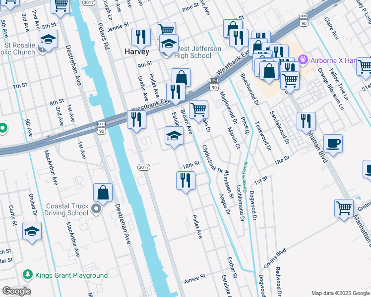 map of restaurants, bars, coffee shops, grocery stores, and more near 1105 Estalote Avenue in Harvey