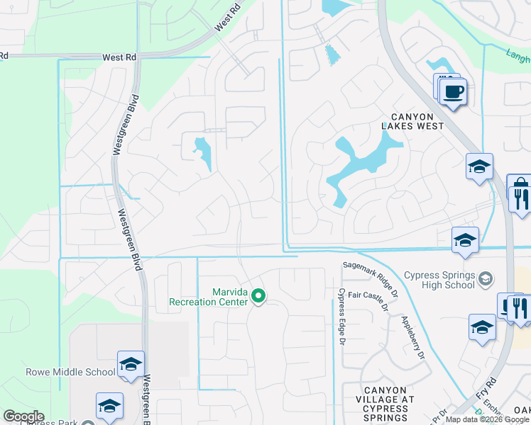 map of restaurants, bars, coffee shops, grocery stores, and more near 22554 Fm529 Road in Cypress