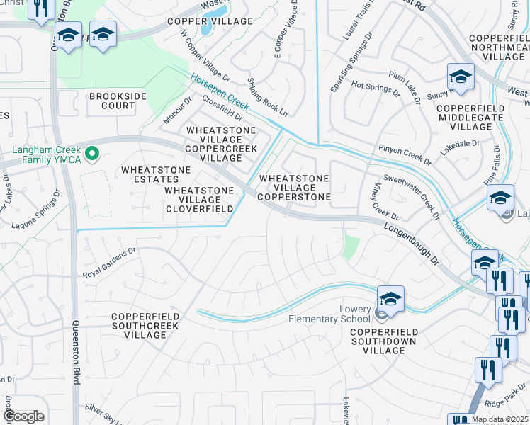 map of restaurants, bars, coffee shops, grocery stores, and more near 16255 Longenbaugh Drive in Houston