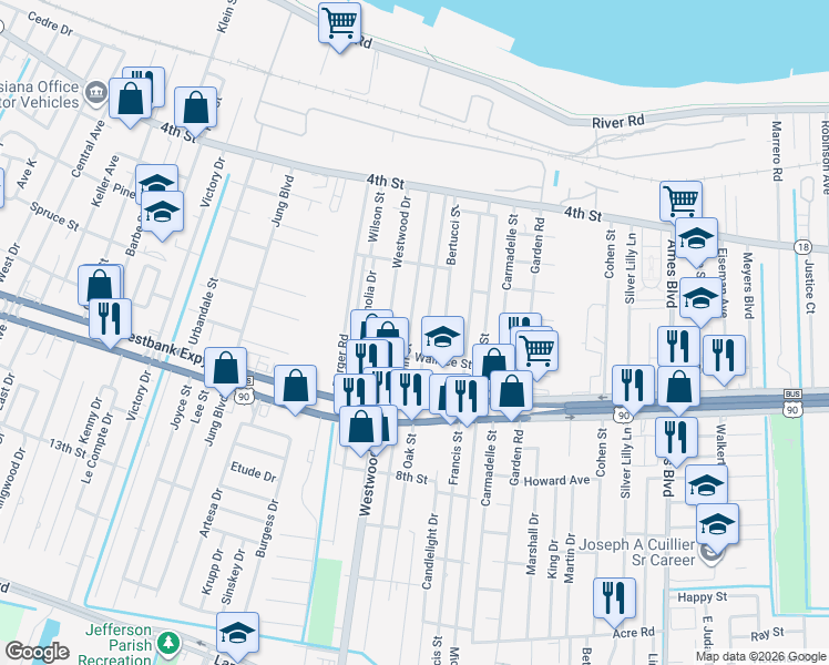 map of restaurants, bars, coffee shops, grocery stores, and more near 573 Westwood Drive in Marrero