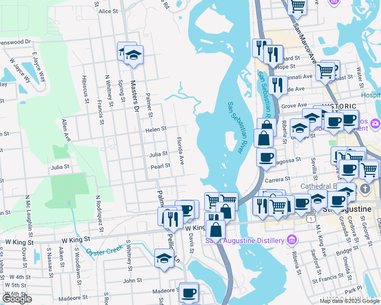 map of restaurants, bars, coffee shops, grocery stores, and more near 14 Julia Street in St. Augustine