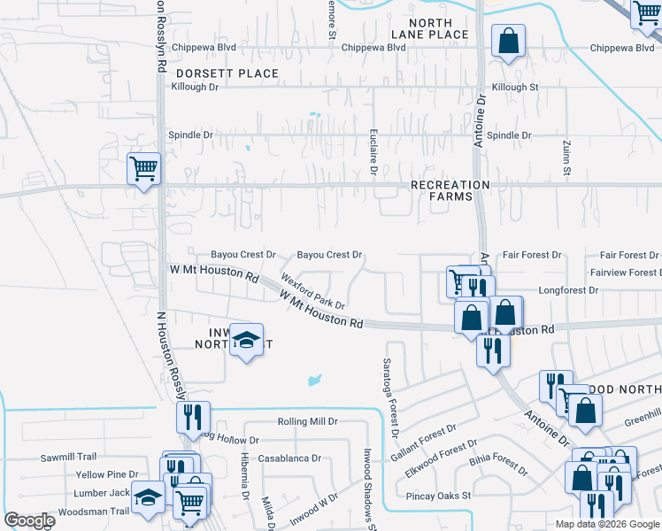 map of restaurants, bars, coffee shops, grocery stores, and more near 6411 Bayou Crest Drive in Houston